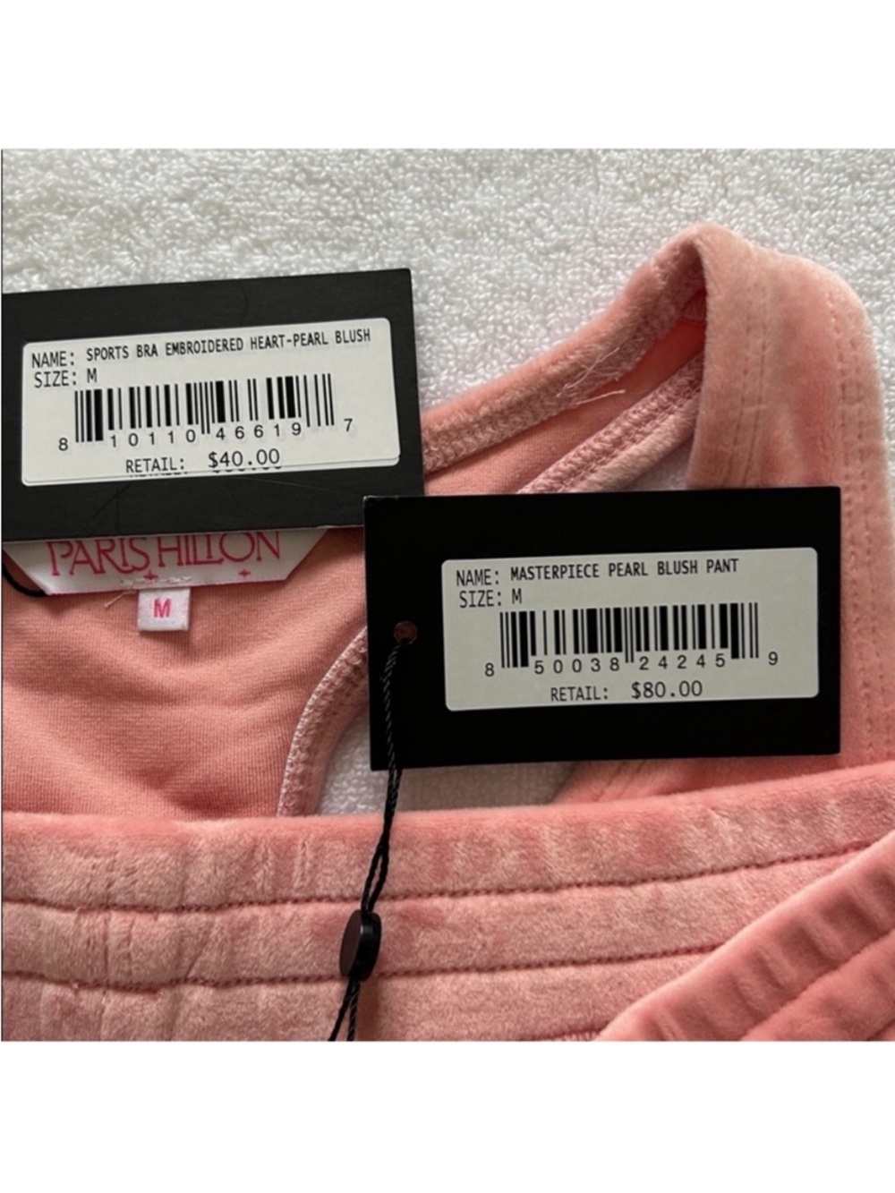 Paris Hilton Medium Set Masterpiece Pants Heart Sports Bra Pearl Blush pink NWT - Picture 15 of 15